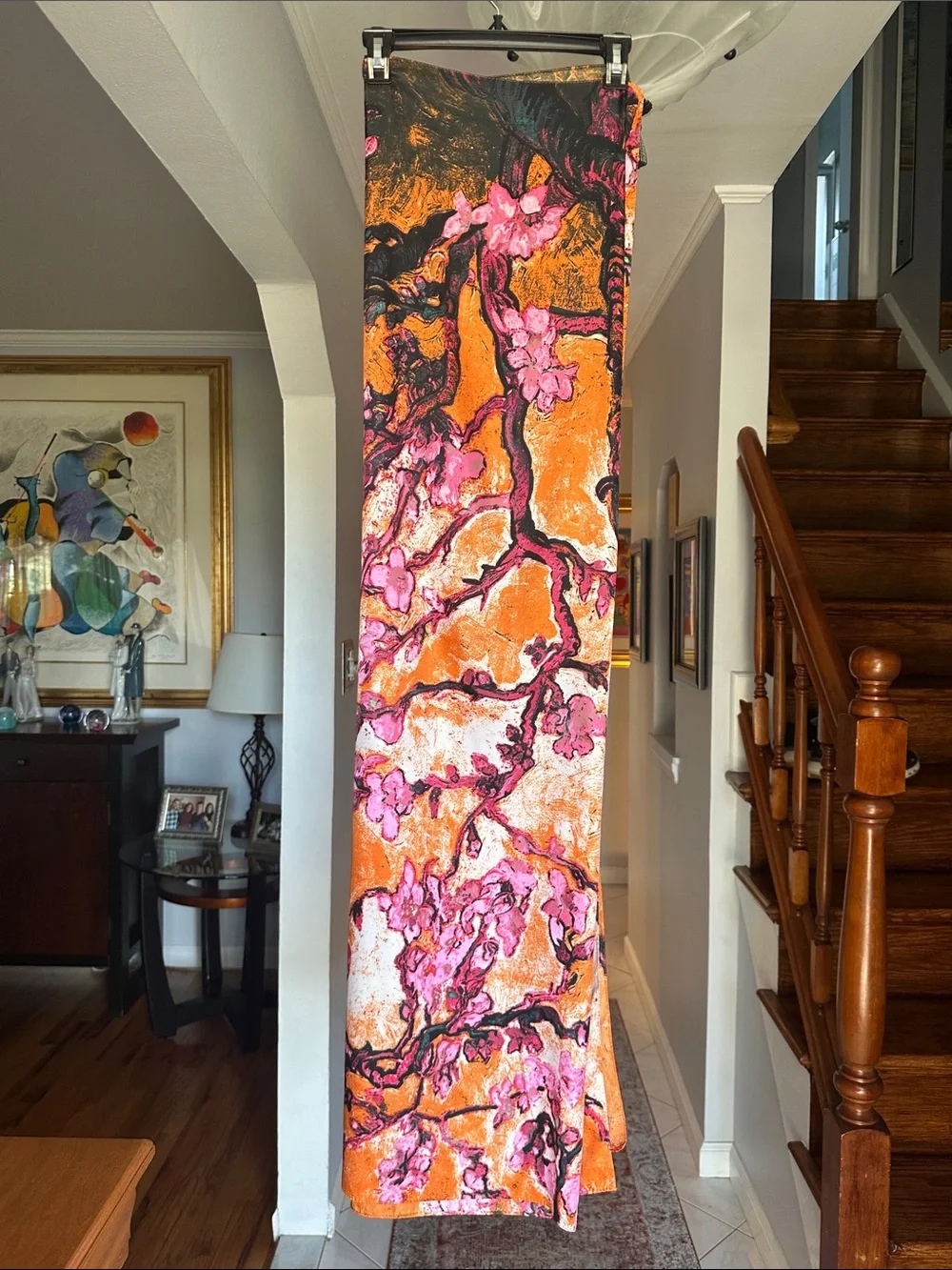 Vibrant Oversized Orange Floral Branch Print Silk Scarf